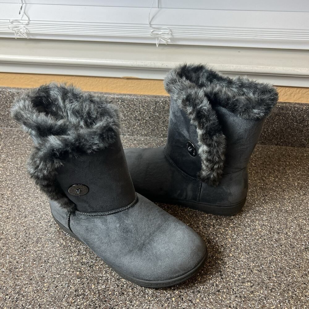 Vionic Women's 7 Gray Boooties Faux Suede Faux Fur Pull On Mid Calf Winter Boots